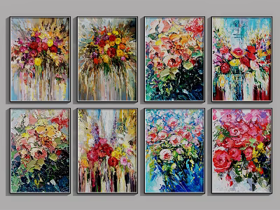 Vibrant Abstract Botanical Paintings Featuring Floral Designs Set Of Eight 3d model