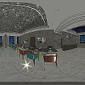 Modern Spacious Restaurant Interior With Dining Tables Colorful Chairs And Pendant Lights