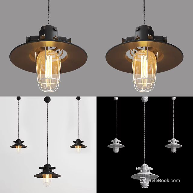 Vintage Industrial Pendant Lights With Wire Cage Design Black White Chain Hanging 3d model 