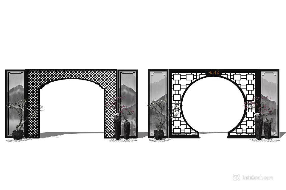 Chinese Style Archway With Carved Lattice And Mountain Water Background Silhouette 3d model 