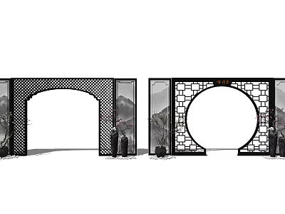 Chinese Style Archway With Carved Lattice And Mountain Water Background Silhouette 3d model