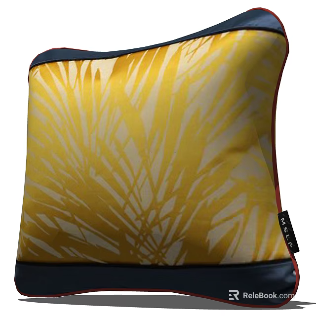 Stylish Yellow Throw Pillow With Palm Leaf Design And Navy Blue Trim 3d model 