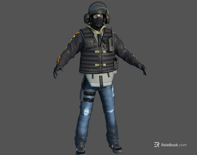 3D Tactical Character Wearing Black Jacket Striped Vest Distressed Jeans Helmet Goggles And Gloves 3d model 