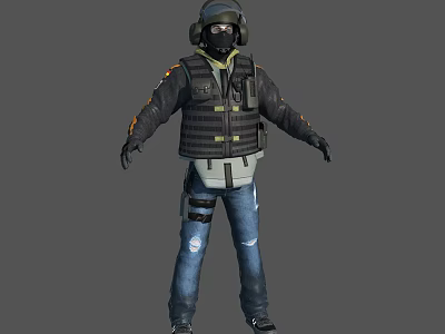 3D Tactical Character Wearing Black Jacket Striped Vest Distressed Jeans Helmet Goggles And Gloves 3d model