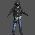 3D Tactical Character Wearing Black Jacket Striped Vest Distressed Jeans Helmet Goggles And Gloves