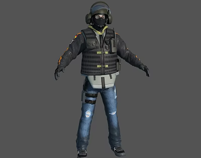 3D Tactical Character Wearing Black Jacket Striped Vest Distressed Jeans Helmet Goggles And Gloves 3d model
