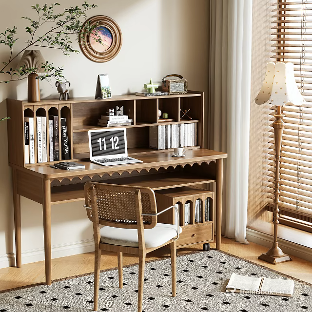 Cozy Home Office Wooden Desk With Bookshelf Laptop Books And Rattan Chair 3d model 
