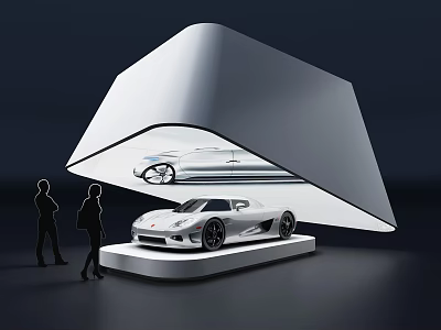 Modern Showcase With White Sports Car Silver Sedan Projection And Silhouette Figures On Dark Background 3d model