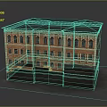 Red Brick Multi Story Building Model With Green Roof And Ground Floor Shops