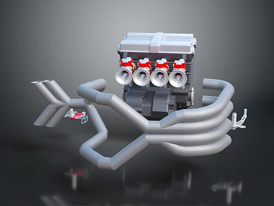 3D Model Engine Equipment With Multiple Curved Pipes And Red Valve Covers 3d model