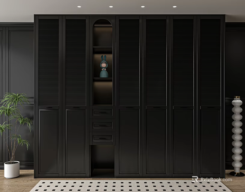 Modern Black Wardrobe With Louvered Doors Open Shelf Drawers Potted Plant And Rug 3d model 