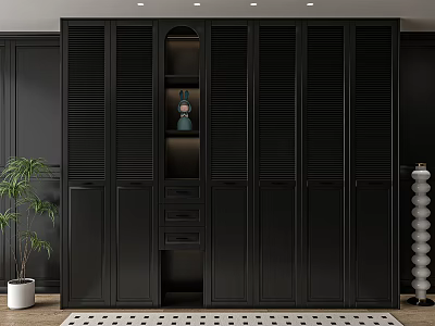 Modern Black Wardrobe With Louvered Doors Open Shelf Drawers Potted Plant And Rug 3d model
