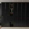 Modern Black Wardrobe With Louvered Doors Open Shelf Drawers Potted Plant And Rug