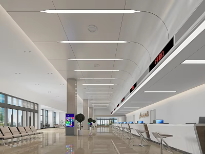 Modern Spacious Service Hall Interior With Service Desks Seats Display Screens And Green Plants 3d model