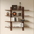 Wooden Wall Mounted Shelf With Guitar Vinyl Record Trophy Books And Radio