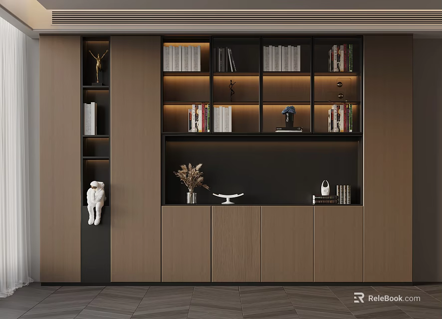 Modern Wooden Bookcase Interior With Layered Shelves And Decorative Items 3d model 