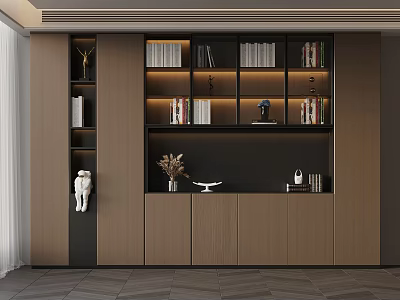 Modern Wooden Bookcase Interior With Layered Shelves And Decorative Items 3d model
