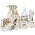 Natural Laundry Daily Essentials with Soft Towels Scented Candle Bath Bottles Linen Sachet on Tray
