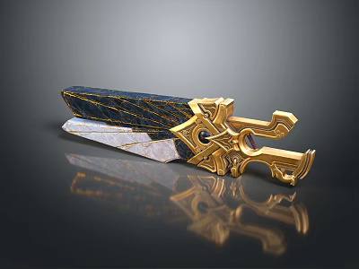Elegant Golden Decorative Sword With Black Blade And Metallic Reflection Design 3d model