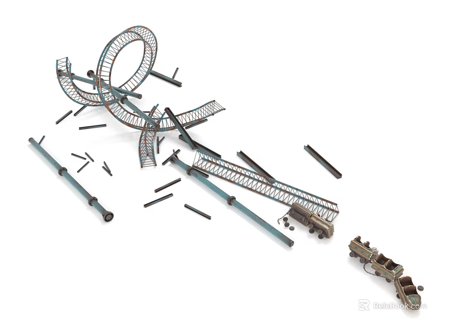 Scattered Roller Coaster Model Parts With Tracks And Metal Support Structures 3d model 