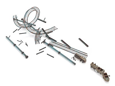 Scattered Roller Coaster Model Parts With Tracks And Metal Support Structures 3d model
