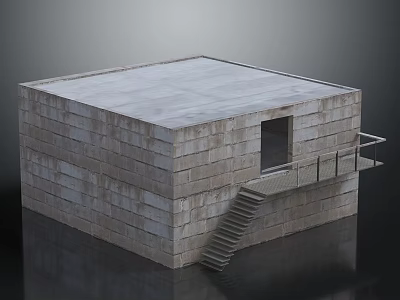 Cube Shaped Gray Brick Building With Flat Roof Small Window And Metal Staircase Railing 3d model