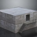 Cube Shaped Gray Brick Building With Flat Roof Small Window And Metal Staircase Railing