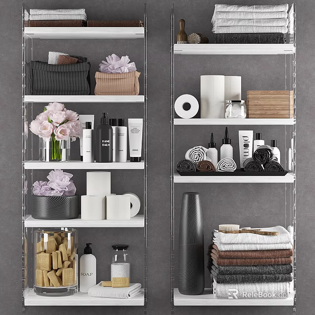 Laundry Daily Essentials Organized on White Shelves with Towels Toilet Paper and Bathroom Bottles 3d model 