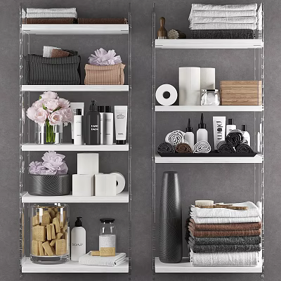 Laundry Daily Essentials Organized on White Shelves with Towels Toilet Paper and Bathroom Bottles 3d model
