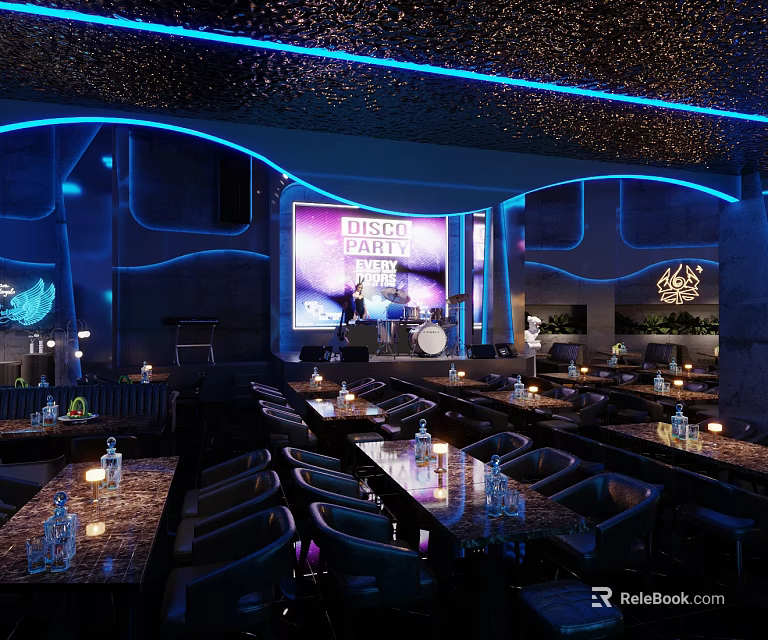 Modern Music Night Bar with Neon Lights Decor Tables and Chairs Ambience 3d model 