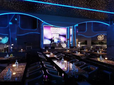 Modern Music Night Bar with Neon Lights Decor Tables and Chairs Ambience 3d model