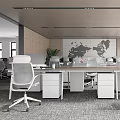 Modern Public Office Space Interior With Long Desks White Chairs Computers And World Map 3d model