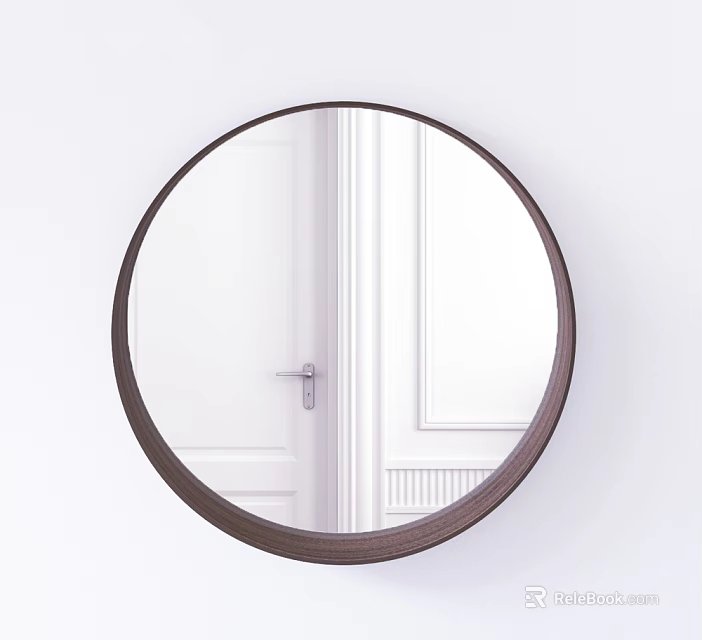 Round Wall Mounted Mirror With Wooden Frame Reflecting White Door And Wall Decor 3d model 