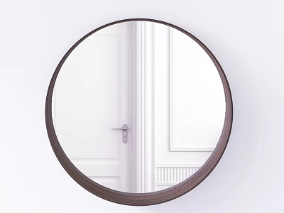 Round Wall Mounted Mirror With Wooden Frame Reflecting White Door And Wall Decor 3d model