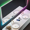 Modern Bathroom Interior With Colorful LED Mirror Double Sinks And White Vanity