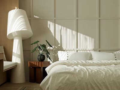 Beige Paneled Wall Bedroom With Sunlight Shadows Floor Lamp Bedside Table Green Plant White Linens 3d model