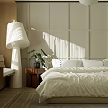 Beige Paneled Wall Bedroom With Sunlight Shadows Floor Lamp Bedside Table Green Plant White Linens