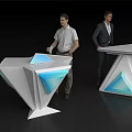 Modern Geometric Podiums With Blue Lighting And Men Interacting In Stylish Setting 3d model