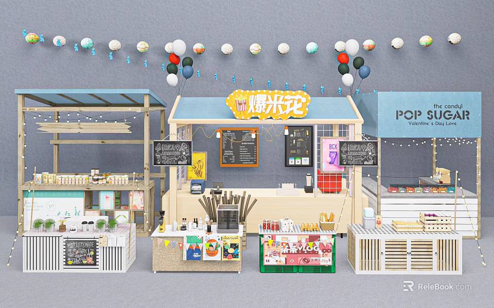Vibrant Market Stalls With Tang Mihua And POP SUGAR Featuring Balloon Decorations 3d model 