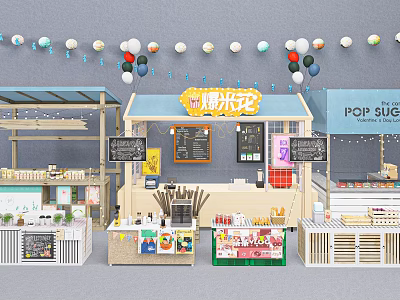 Vibrant Market Stalls With Tang Mihua And POP SUGAR Featuring Balloon Decorations 3d model