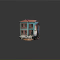 Miniature Two Story House Featuring Turquoise Red Brick Exterior Roof Tiles And Small Red Car