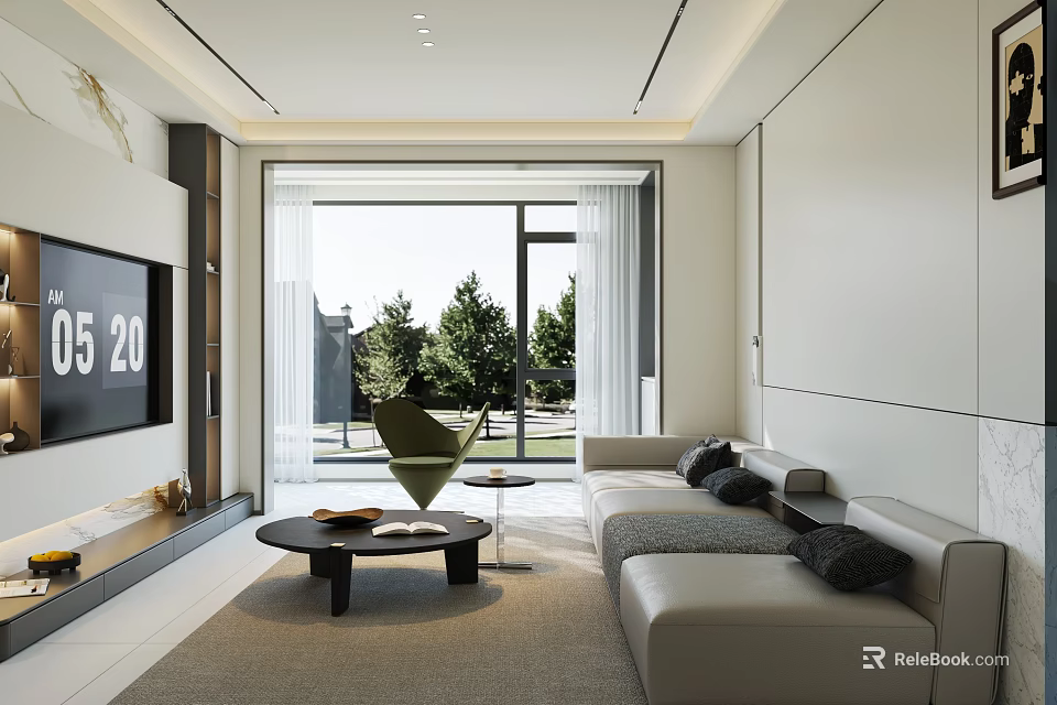 Modern Living Room With Light Sofa Green Armchair Coffee Table Sliding Glass Doors Overlooking Trees 3d model 
