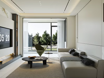 Modern Living Room With Light Sofa Green Armchair Coffee Table Sliding Glass Doors Overlooking Trees 3d model