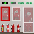 Red Fire Extinguishers and Hydrant Cabinets Mounted on Wall as Fire Equipment 3d model