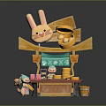 Small Cartoon Stall With Rabbit Ear Shaped Top Green Awning And Little Gnome