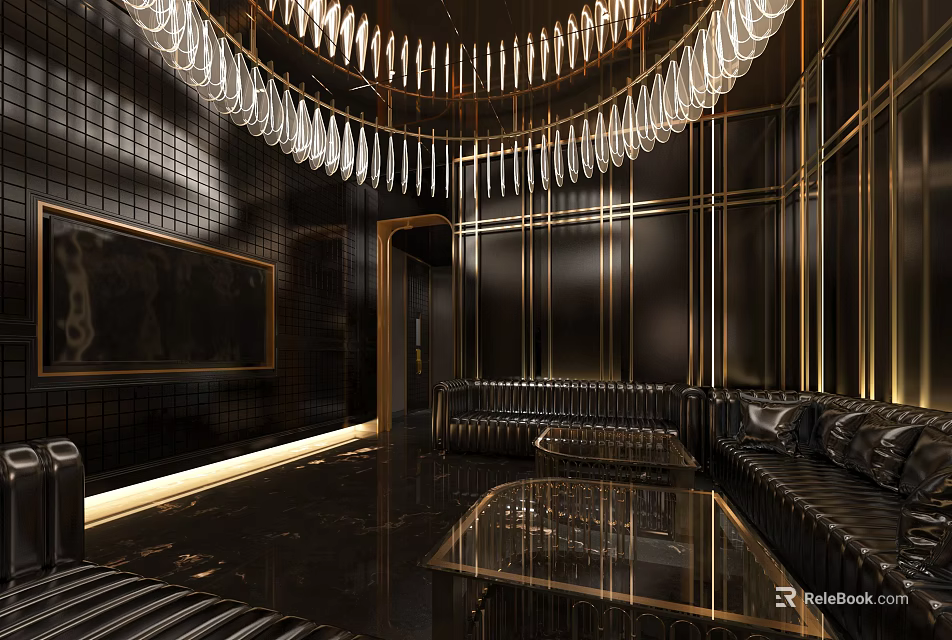 Luxury Modern KTV Interior With Crystal Chandelier Leather Sofas Gold Accents And Glass Table 3d model 