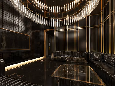 Luxury Modern KTV Interior With Crystal Chandelier Leather Sofas Gold Accents And Glass Table 3d model