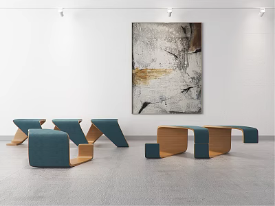 Modern Geometric Outdoor Chairs With Blue Cushioned Seats And Wooden Frames 3d model