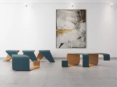 Modern Geometric Outdoor Chairs With Blue Cushioned Seats And Wooden Frames 3d model