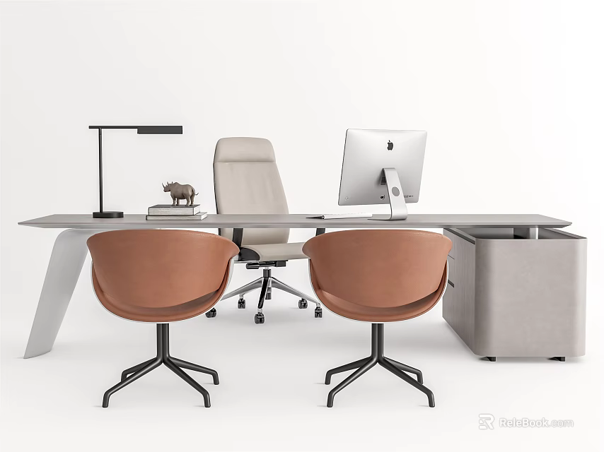 Modern Office Desk With Computer Monitor Desk Lamp Brown And Gray Chairs And Cabinet 3d model 